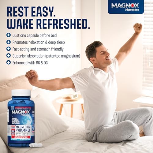 MAGNOX® High Absorption Magnesium Supplement with B6 & D3 Vitamins for Women & Men | Sleep Support | One Capsule a Day for Full Dosage (432mg) Patented & Clinically Tested Formula (60 pils)