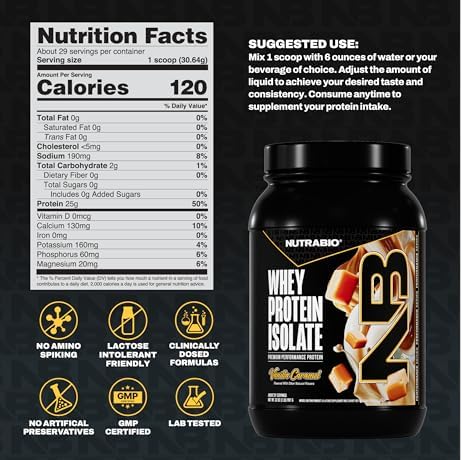 NutraBio 100% Whey Protein Isolate Protein Powder, 25g Protein with Complete Amino Acid Profile, Non-GMO, Soy & Gluten Free, Low Carb, Low Calorie Whey Protein Powder, Vanilla Caramel, 2 Lbs