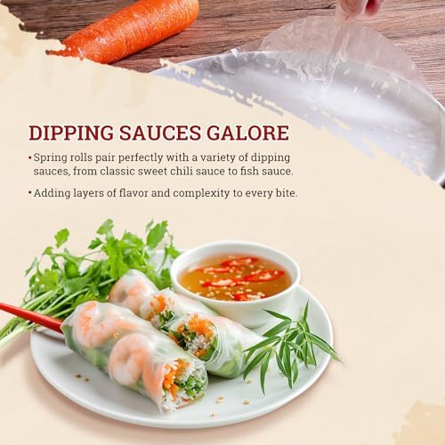 52USA Fresh Spring Roll Wrappers & Dumplings - 34 Sheets, Gluten-Free Wonton Wraps, Vegan, Low Carb, Vietnamese Rice Wraps (Round, 22cm)