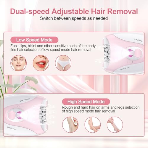 Smooth Glide Epilator for Women, Epilators Hair Removal with LED Light, 2 Speeds Facial Hair Removal Device, with a Vibrating Massage pad and 36 Tweezers for Armpit, Arm, Leg, Bikini, Face, Body