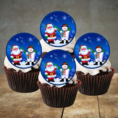 PRECUT Christmas Santa Snowman Cupcake Toppers, Christmas Edible Cake Decorations, Snowman Cake Toppers, Xmas Cupcake Decoration, Santa Cup Cake Topper (24)