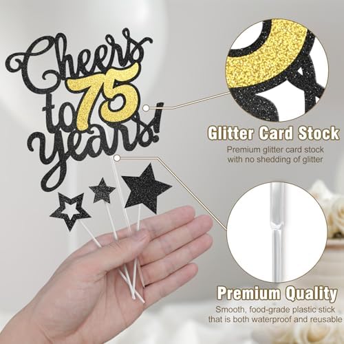 Cheers to 75 Years Cake Topper - Black Gold 75th Birthday/Anniversary Cake Topper for Men Women - Happy 75th Birthday Cake Topper - Cake Decorations for seventy-five Birthday or Anniversary Party