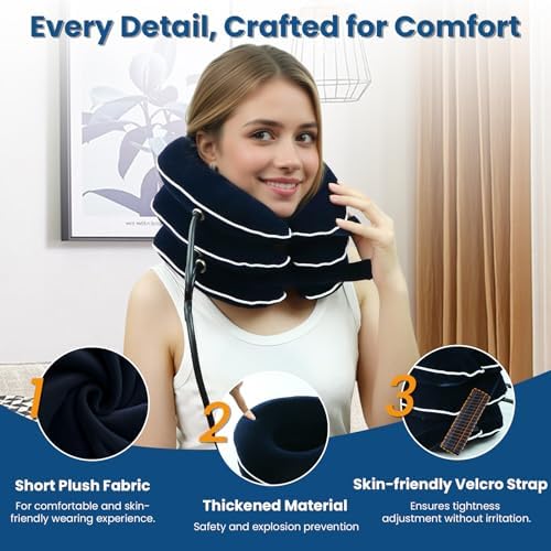 Cervical Neck Traction Device for Home Use Pain Relief,Neck Stretcher,Inflatable Support Neck Brace Adjustable,Neck Stress Relief&Relaxation Metal Valve TPU Liner with Air-Tightness(Blue)
