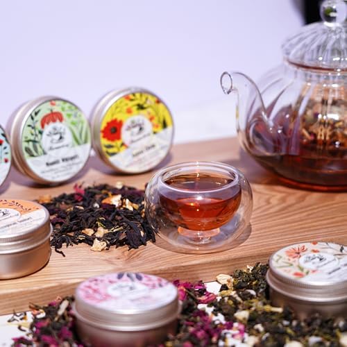 Harmoleaf Tea Gift Set for Women - 6 Herbal Loose Leaf Tea Blends, Insulated Ceramic Cup with Infuser & Lid | Birthday, Mother's Day, Anniversary & Retirement Gift for Her