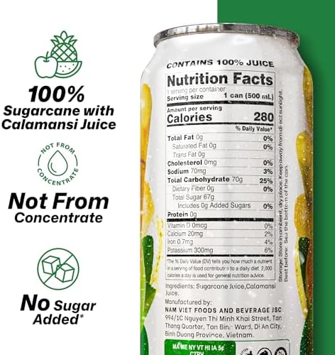 VINUT 100% Sugarcane with Calamansi Juice, No Added Sugar, Not From Concentrate, 16.9 fl oz (500 mL) Can, Pack of 12
