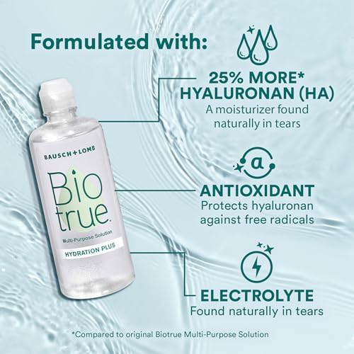 Biotrue Hydration Plus Contact Lens Solution with Lens Case, Multi-Purpose Solution for Soft Lenses, Hydrates with Hyaluronan, Cleans, Clears, and Disinfects for All-Day Comfort, 10 Fl Oz (Pack of 2)