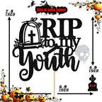 Rip to My Youth Cake Topper, Death to My Youth/Here Lies Your Youth, Funny Halloween 30th/40th/50th Birthday Party Decorations Supplies, Black Glitter