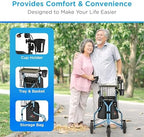 NOVA Traveler Folding 3-Wheel Walker with Tray, Basket, Pouch & Cup Holder, Lightweight Mobility Aid for Seniors & Adults, 8” All-Terrain Wheels for Tight Spaces & Travel, Sky Blue
