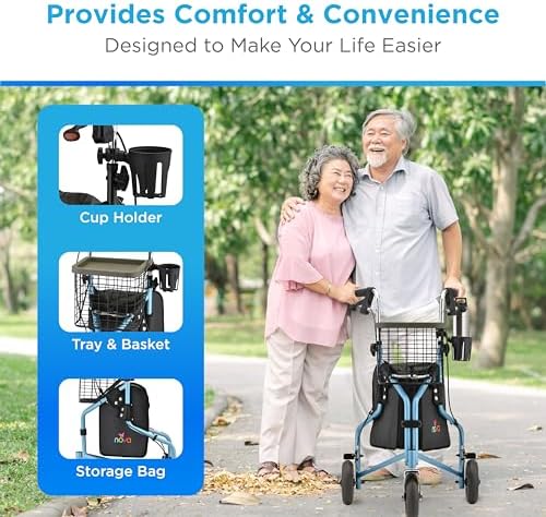 NOVA Traveler Folding 3-Wheel Walker with Tray, Basket, Pouch & Cup Holder, Lightweight Mobility Aid for Seniors & Adults, 8” All-Terrain Wheels for Tight Spaces & Travel, Sky Blue