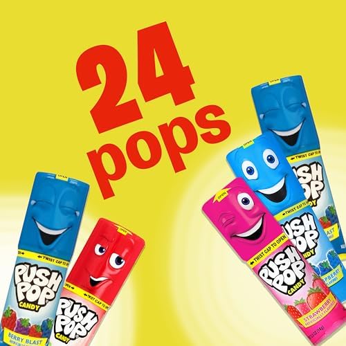 Push Pop Candy Lollipops - Individually Wrapped Variety Candy Party Pack - 24 Count Lollipops in Assorted Fruity Flavors - Fun Candy for Gifts, Celebrations, Party Favors, Gift Baskets, & Birthdays