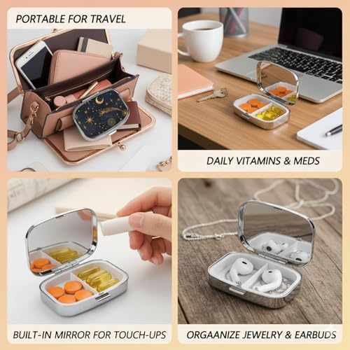 Square Pill Case Small Pill Box with Mirror Pocket 2 Compartment Vitamin Pill Medicine Case Organizer Pill Containers for Traveling Moon and Stars
