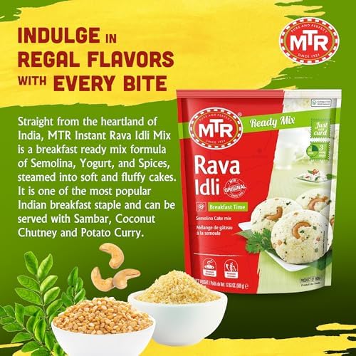 MTR Instant Rava Idli Mix - Ready to Cook Authentic Indian Breakfast, Lunch, Dinner or Snack Meal - No Added Preservatives - A Quick & Easy Recipe Suitable for Vegetarians - (500g, Pack of 2)