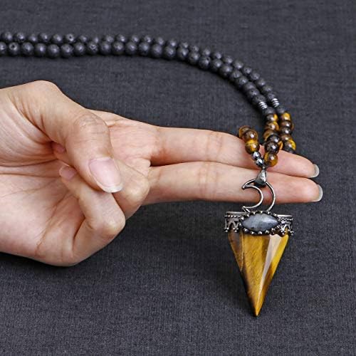 Jovivi 6mm Natural Tiger Eye Crystal Pendulum Necklace Lava Rock Labradorite Healing Chakra Triangle Pendulum Crystal w/Moon 25inches Adjustable