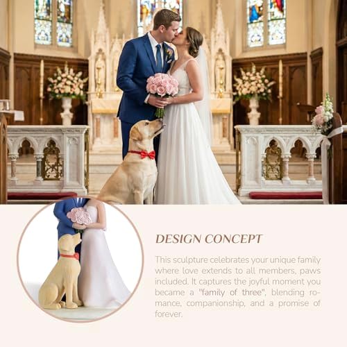 Storieme Bride Groom Cake Topper: Couple and Pet Dog Resin Figurine with Secure Base - Newlyweds Family Gifts for Wedding Anniversary & Engagement