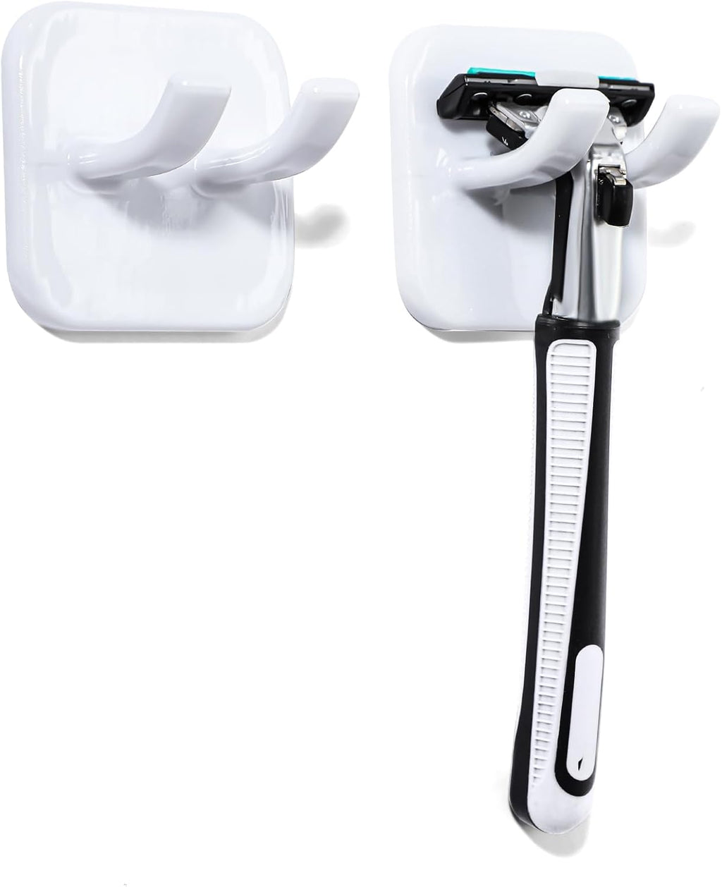 Razor Holder, Shaver Hook Hanger Stand 2 Pack, Waterproof Utility Storage Hooks, Wall Mounted Self-Adhesive Double Hooks for Razor, Loofah, Towel, Shaver, Coat, Key,Easy to Install - White