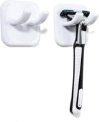 Razor Holder, Shaver Hook Hanger Stand 2 Pack, Waterproof Utility Storage Hooks, Wall Mounted Self-Adhesive Double Hooks for Razor, Loofah, Towel, Shaver, Coat, Key,Easy to Install - White