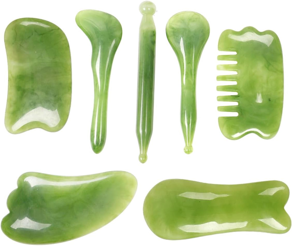 7 Pack Gua Sha Scraping Massage Facial Tools Kit, ResinGuasha Scraper Board Health Care Beauty Scrape Plate with Flax Bag for Face Body Leg Back Care Physical Acupuncture Deep Tissue Therapy (Green)