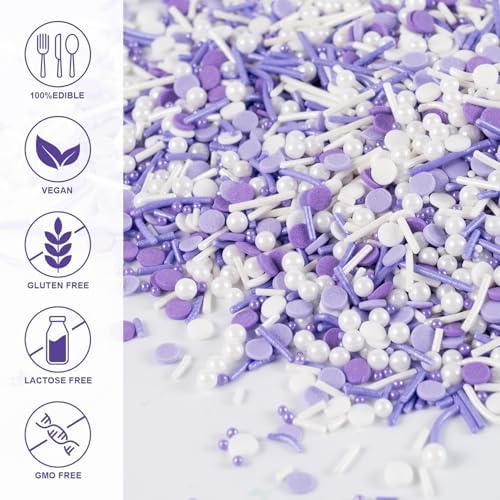 Purple Sprinkles for Cake Decorating Edible Purple Confetti Sprinkles Topper for Cookie Cupcakes, Candy, Cream, Chocolate Cake Decorations - Jimmies, Nonpareils, Sugar Pearl 7ounce