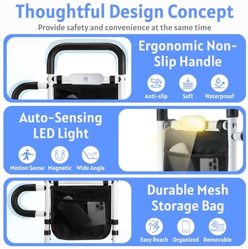 Bed Rails for Elderly Adults Safety - Medical Bedside Assist Rail with Motion Sensor LED Light & Pouch - Adjustable Bed Cane Dual Side Grab Bar Handrails for Seniors Fits Twin Full Queen King