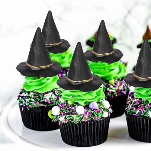 Rsstarxi 12 Pack Black Witch Hat Cupcake Toppers Magic Witch Wizard Theme Cupcake Picks for Halloween Baby Shower Wedding Birthday Anniversary Party Cake Decorations Supplies