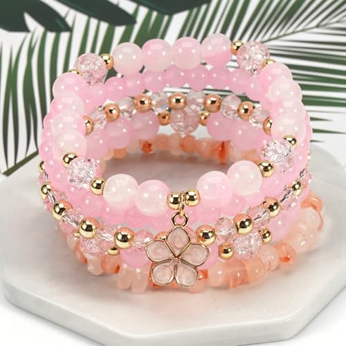 Caiyao 5Pcs Bohemia Multilayer Floewr Crystal Glass Beaded Bracelet Set Colorful Stackable Flower Beaded Friendship Stretch Bracelets for Women Men Summer Beach Boho Hawaii Holiday Jewelry Gifts