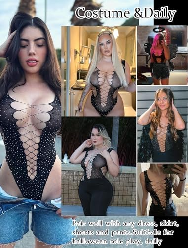 Avidlove Rhinestone Bodysuit Tops Sparkle Fishnet Lingerie Sexy Outfit for Women Mesh Body Suit Teddy Lingeries