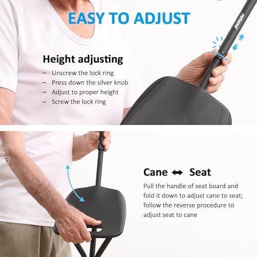 REHAND Walking Cane with Seat,Lightweight Foldable, Adjustable, Collapsible Canes with Stool for Men & Women, Heavy Duty All Terrain Tip, Portable Walking Stick Chair for Seniors & Adults