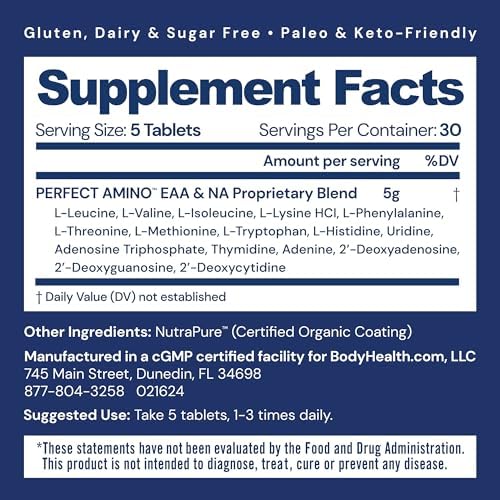 BodyHealth PerfectAmino (150 ct) Easy to Swallow Tablets, Essential Amino Acids Supplement with BCAAs, Vegan Protein for Pre/Post Workout & Muscle Recovery with Lysine, Tryptophan, Leucine, Methionine