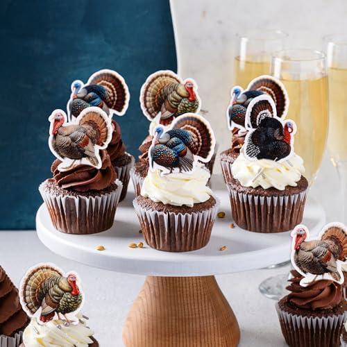Ercadio 48 Pack Edible Thanksgiving Cupcake Toppers Turkey Cake Picks Thankful Cake Decorations for Happy Thanksgiving Day Theme Party Decoration Supplies