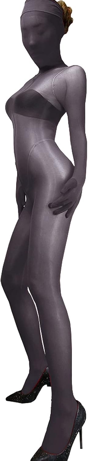 LESOYA Women Men 8D Ultrathin Shiny Glossy Full Bodystocking Nylon Sheer Bodysuit Catsuit Attatched Gloves Toes Hood