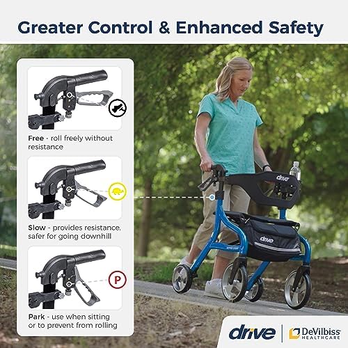 Drive Medical Nitro Sprint Foldable Rollator Walker with Seat - Lightweight Support - Large Wheels - Compact Folding Design - Adjustable Comfort - Standard Size - Blue