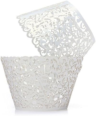 Gospire 50 pcs Pearl Lace Filigree Wedding Cupcake Wrapper Baking Cake Cups Wraps Party Decoration Laser Cut White