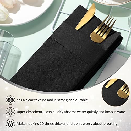 Cindeer 150 Pcs Black Linen Dinner Feel Napkins with Built in Flatware Pocket Prefolded Paper Disposable Airlaid Guest Hand Towel for Silverware Wedding Reception Christmas Baby Shower