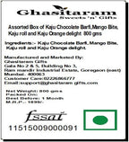 Ghasitaram Gifts Indian Sweets - Diwali Gifts Sweets- Assorted Box of Kaju Chocolate Barfi,Mango Bite,Kaju roll and Kaju Orange Delight 800 GMS
