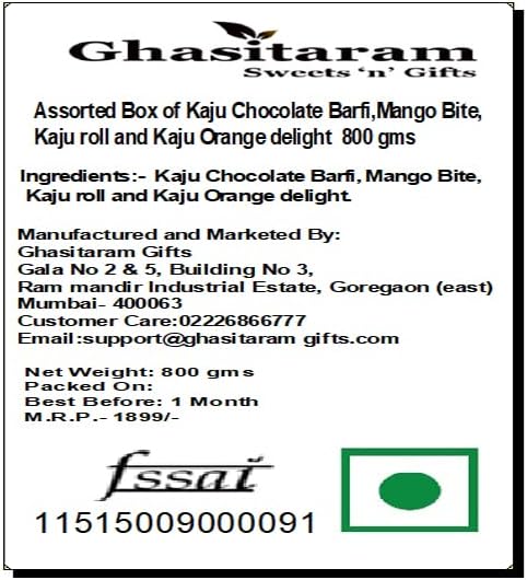 Ghasitaram Gifts Indian Sweets - Diwali Gifts Sweets- Assorted Box of Kaju Chocolate Barfi,Mango Bite,Kaju roll and Kaju Orange Delight 800 GMS