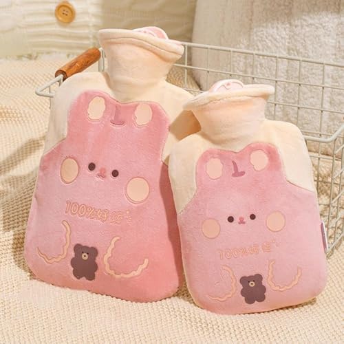 Cute Hot Water Bottles, 1L (34oz) Large Hot Water Bag with Cartoon Plush Cover for Hot and Cold Compress,Hand Feet Warmer, Neck and Shoulder Pain Relief (Beige Lucky Rabbit, 500ML-12.5 * 21CM)