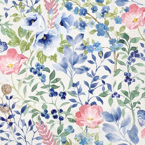 IHR Ideal Home Range Party Napkins Disposable 3-Ply Paper Lunch Napkin Pack, 6.5" x 6.5", Indigo Flowers (Light Grey), 20-Count