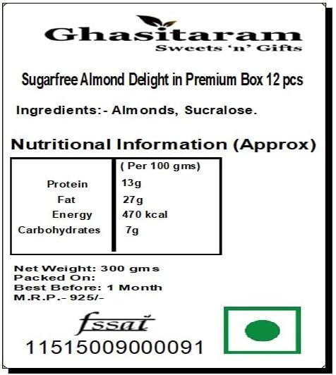 Ghasitaram Gifts Jaiccha Sugarfree Almond Delight in Premium Box 12 pcs |Diwali Gifts,Holi,Rakhi,Valentine,Christmas,Birthday,Anniversary,Gift for Her,Him,Mothers Day,Fathers Day|