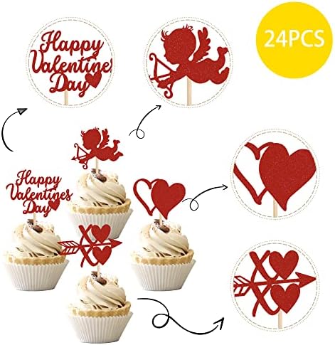 24 PCS Happy Valentine's Day Cupcake Toppers with Glitter Heart XOXO Cupid Cupcake Picks Valentine's Day Theme Wedding Bridal Shower Birthday Party Cake Decorations Supplies Red