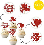 24 PCS Happy Valentine's Day Cupcake Toppers with Glitter Heart XOXO Cupid Cupcake Picks Valentine's Day Theme Wedding Bridal Shower Birthday Party Cake Decorations Supplies Red