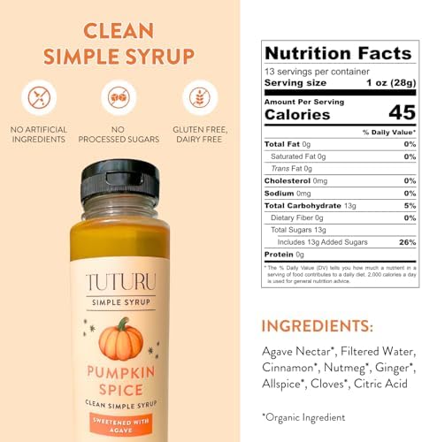 Pumpkin Spice Agave Simple Syrup for Coffee, Cocktails, Matcha - Sweetened with Agave Nectar - Infused with Real Pumpkin Spices - 13.5 oz