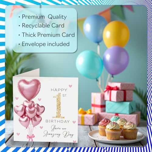Stuff4 1st Birthday Cards for Girls - Pink Glitter Balloons - Happy Birthday Card for 1 Year Old Girl Daughter Sister Cousin Niece, 5.7 Inch Bday Greeting Cards