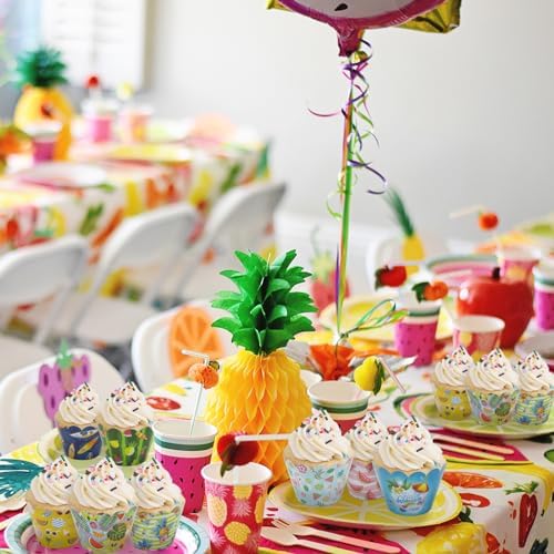 48 PCS Hawaiian Luau Cake Cupcake Toppers Wrappers, Luau Tropical Hawaiian Cupcake Toppers with Flamingo Flower Fruit Shape for Summer Beach Pool Birthday Party Supplies