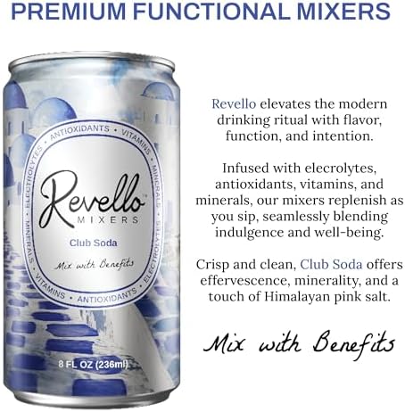 Revello Mixers Club Soda - Mixer Infused with Electrolytes, Antioxidants, Vitamins & Minerals - Low Sugar & Calories - Premium Beverage for Crafted Cocktails & Mocktails - 8 fl oz (Pack of 4)
