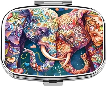 Chic Vibrant Intricate Elephants-Compartment Metal Pill Box – Compact and Stylish Medication Organizer, Food-Safe, Portable for Wallet or Pocket, Perfect for Vitamins and Supplements