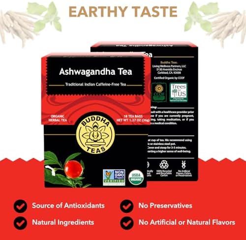 Buddha Teas - Ashwagandha Root Tea - Herbal Tea - Promote Cleansing & Wellness - With Antioxidants & Minerals - Clean Ingredients - Caffeine Free - OU Kosher - 18 Tea Bags (Pack of 1)