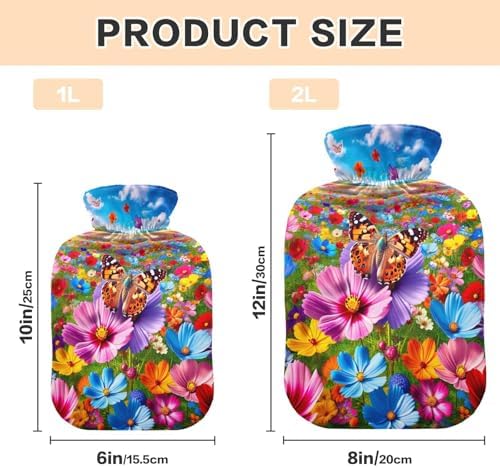 Colorful Flowers with Butterfly Hot Water Bottle with Soft Cover Hand Feet Warmer Hot Water Bag for Neck, Shoulder and Menstrual Cramps, 2L
