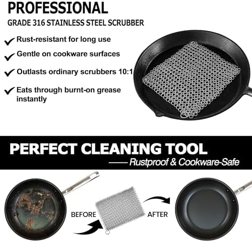 TOPULORS Cast Iron Scrubber 316 Stainless Steel Skillet Cleaner 8"x6" Chainmail Scrubber Scraper Chain Mail Link Scrub for Cast Iron Pre-Seasoned Pans, Griddles, BBQ Grills, and Pot Cookware Cleaning
