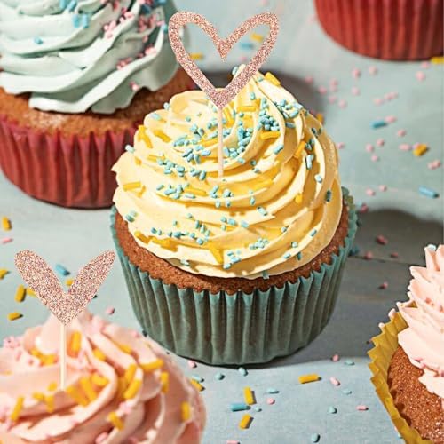 24 PCS Glitter Bride Cupcake Topper, Cute Heart Cupcake Toppers Gold Heart Picks Love Cake Decorations for Valentine's Day Anniversary Engagement Birthday Wedding Party Supplies (Rose Gold, 2 Style)