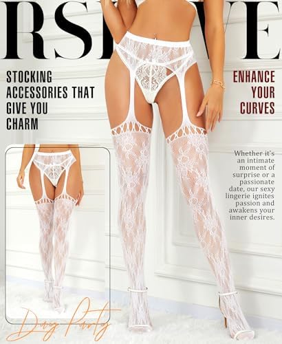 RSLOVE Fishnet Stockings for Women - Sexy Thigh High Lace Garter Belt Suspender Pantyhose for Party, Halloween